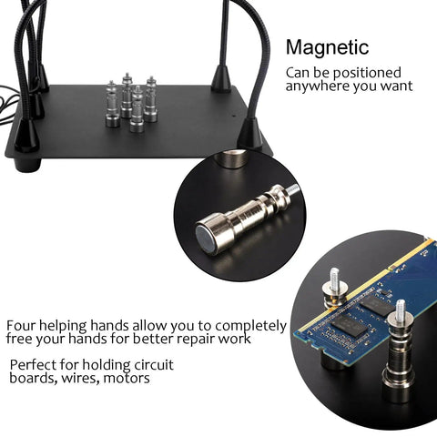 Helping Hands Soldering Clamp Station with 6X LED Magnifying Lamp and magnetic PCB holders on black base.