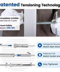 20 Pack One Eighth Inch Swageless Invisible Cable Railing Kit No Crimp Needed Easy Install With Swageless Fittings Tensioners Hidden For 2x2 Metal Posts Stainless Steel 316 Deck Cable Railing System CB04 showing patented tensioning technology with close-up details of hexagonal and flattened structures, allen wrench use, and easy tensioning process.