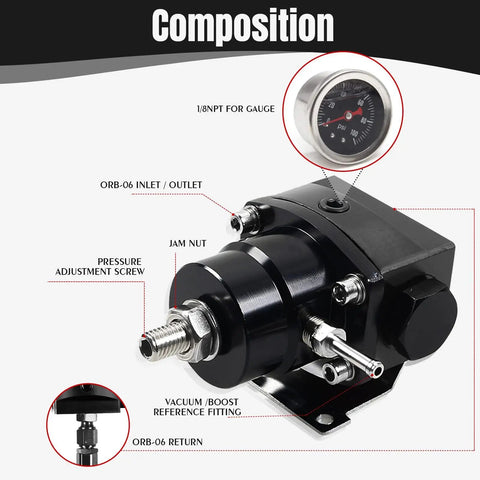 Universal EFI Fuel Pressure Regulator Kit With Gauge 0 To 100 Psi 6AN Fuel Line Fittings Adjustable Aluminum Black
