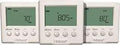 Three Two Stage Programmable Thermostats displaying different temperatures and times, showcasing Heat and Heat Cool Modes and easy setup.