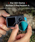 Hands holding ND Filter And CPL Kit for DJI Osmo Action 5 Pro and Action 4, showing quick-attach snap-on feature.