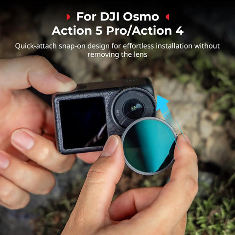 Hands holding ND Filter And CPL Kit for DJI Osmo Action 5 Pro and Action 4, showing quick-attach snap-on feature.