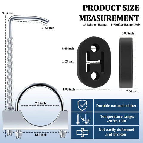 Heavy Duty 2.5 Inch Exhaust Clamp Kit With Rod And Rubber Hangers For Fixing Muffler Pipes Reduce Engine Noice On Cars And Trucks Essential Auto Parts with 9.85 inch rod