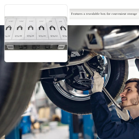 Mechanic using Pro-Grade Universal Car Alignment Shim Kit With 144 Pieces Across Four Sizes; storage box in view