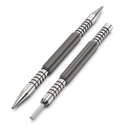 Spring Loaded Nail Set Tools Two Piece Dual Head Nail Setter And Hinge Pin Punch Set Hammerless One Sixteenth Inch And Three Thirty Second Inch Spring Nail Setter For Fast No Hammer Door Pin Removal And Pin Setting, showing dual head design and spring-loaded mechanism.