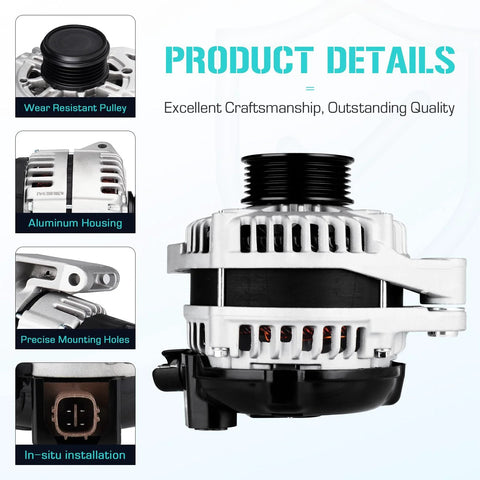 Direct Fit Replacement Alternator For Honda Odyssey 3.5L 2004 To 2008, Pilot 3.5L 2005 To 2008 showing product details and features