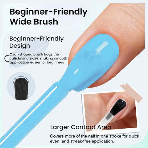 Hema Free Gel Nail Polish Baby Blue With Matching Bottle and wide brush on a fingernail close-up.