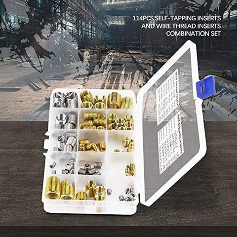 Open box with Heavy Duty 124-Piece 304 Stainless Steel Threaded Insert Kit With Cutting Slots For Easy, Secure Installations