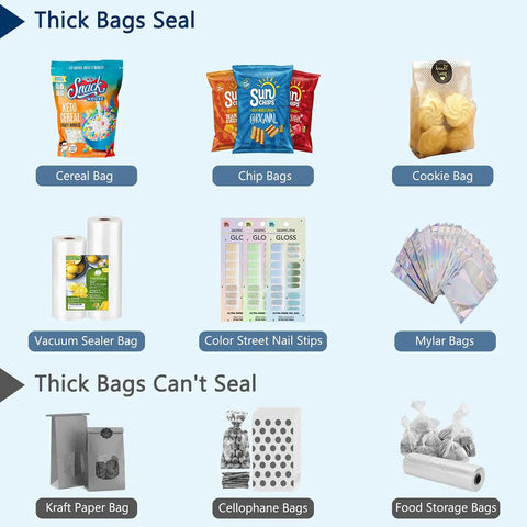 Visual showing various bag types including cereal, chip, cookie, vacuum sealer, mylar, and nail strips with Portable Handheld Bag Sealer For Snacks And Food Storage Heat Vacuum Sealing Gadget With Power Cable Keeps Cookies Fresh Easy Seal For Plastic Bags Compact Travel Kitchen Helper suitability.