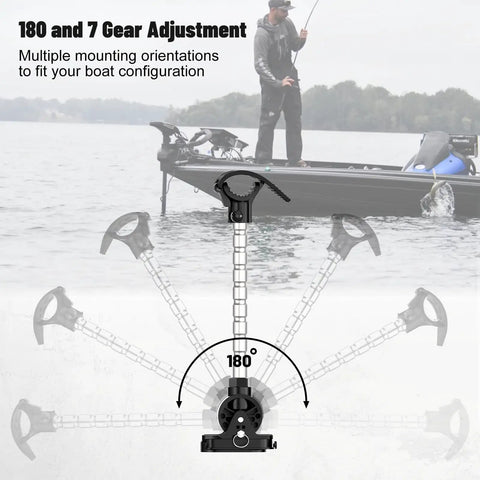 Beefy Trolling Motor Stabilizer Mount For Terrova Riptide Terrova Ulterra showing 180-degree gear adjustment illustration on lake