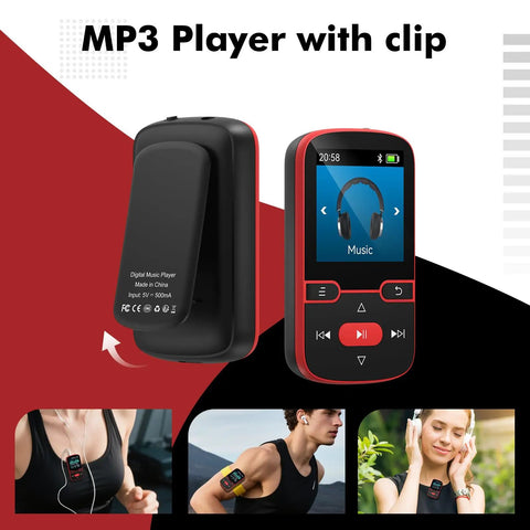 Clip-On Bluetooth 5.3 MP3 Player With 1.5 Inch Screen, HiFi Sound, physical buttons, demonstrated during exercise