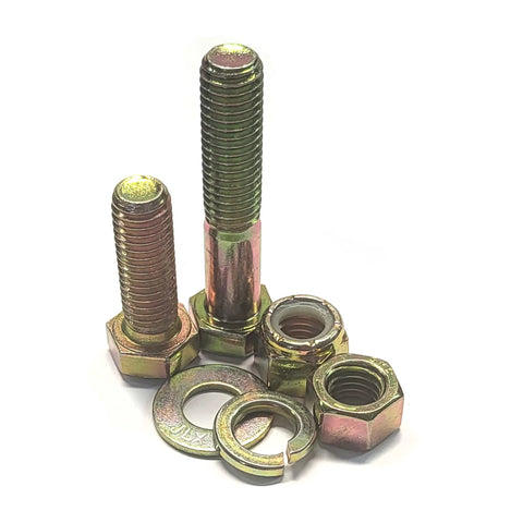 Workhorse Grade 8 Coarse Thread Hardware Assortment Kit Featuring 2230 Heavy Duty Hex Cap Screws Hex Nuts Nylon Locknuts And Flat Washers Tucked Inside A Rugged 40 Compartment Metal Organizer Bin For Zero Fuss Garage Repairs - Hex bolts and nuts with flat washers.