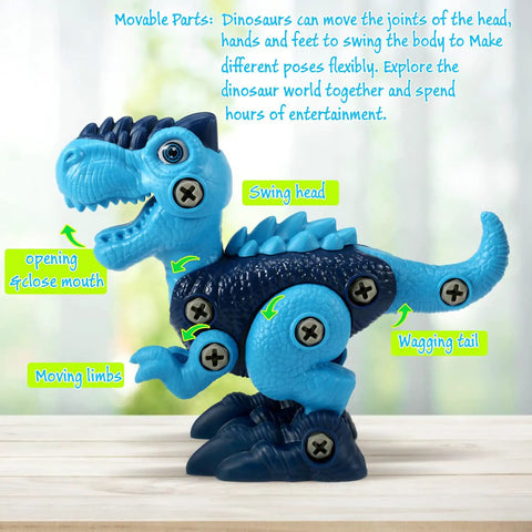Blue dinosaur figure from Take Apart Dinosaur STEM Toys For Kids 3-5 with Electric Drill Educational Building Set, showing movable parts.