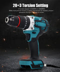 Heavy Duty Cordless Drill With Dual Speed Modes And 20 Plus 3 Torsion Settings providing smooth operation and precise control.