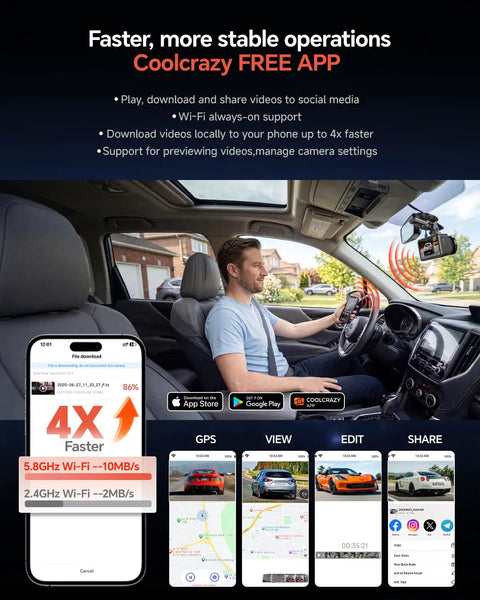 Driver using Crisp 4K Dual Dash Cam With Front And Rear Cameras, Starvis Sensor, 128GB Card; phone app interface displayed.