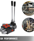 Front view of Vevor two-spool hydraulic directional control valve with dual levers and SAE ports, black.