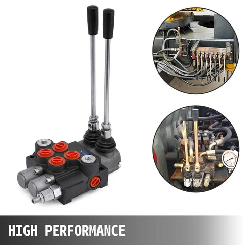 Front view of Vevor two-spool hydraulic directional control valve with dual levers and SAE ports, black.