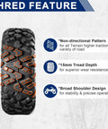 Beefy All Terrain ATV UTV Tires 25x10x12, Non-directional pattern with 15mm tread depth for mud and sand off-road trails.