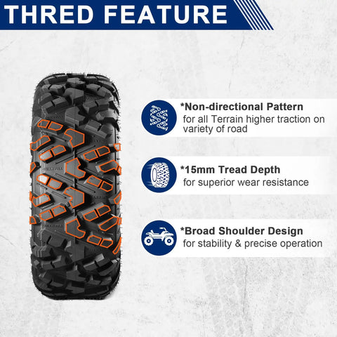 Beefy All Terrain ATV UTV Tires 25x10x12, Non-directional pattern with 15mm tread depth for mud and sand off-road trails.