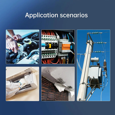Image showing various application scenarios for the Pocket Thermal Camera with 160x120 Infrared Resolution, including electrical work and HVAC inspection.