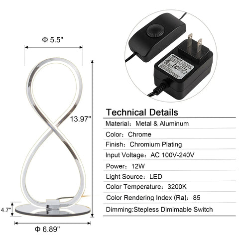 Eight Shape Spiral Led Table Lamp With Stepless Dimmable Brightness shown with dimensions and technical details.