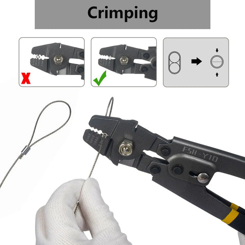All In One Wire Rope Crimping Tool Kit With One Sixteenth Inch Cable and pliers in use for crimping demonstration.