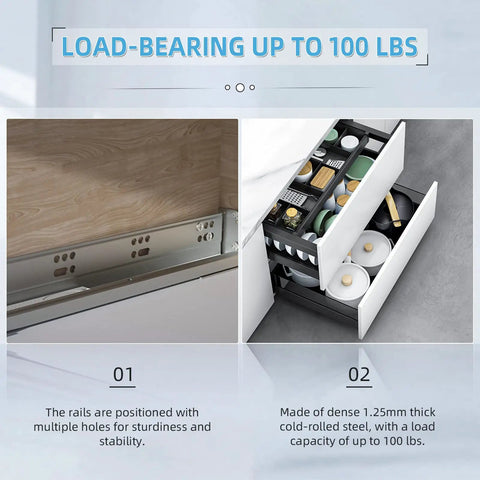 Tough As Nails Undermount Drawer Slides 6 Pair Soft Close 9 Inch Full Extension Ball Bearing Solid 80 Lb Load Capacity Hidden Bottom Runners With Dead Simple Mount Brackets For Kitchen Cabinet Makeovers showing sturdy rails for stability.