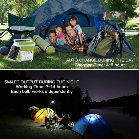 Family camping setup with Off Grid Solar Light With Dual LED Bulbs And Solar Panel Pendant For Home Outdoor Shop And Camp Use Phone Charging Backup And Independent Power System.