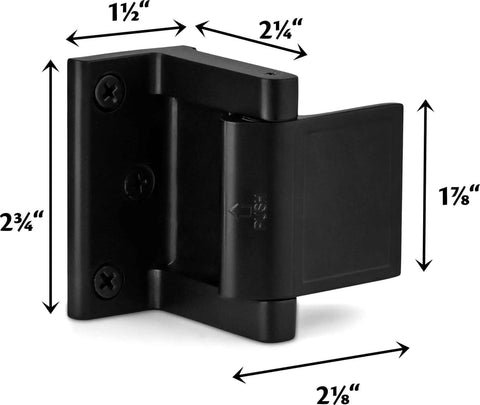 Door Lock Reinforcer For In Swinging Doors, Privacy Latch, heavy duty home security lock, iron black finish, dimensions shown