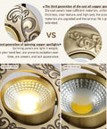 Comparison of LED recessed downlight designs highlighting die-cast all-copper and spinning copper spotlight features.