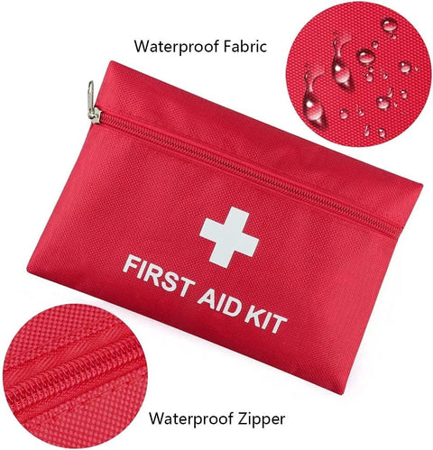 First aid kit bag, front view, red waterproof fabric with top zipper and white cross logo
