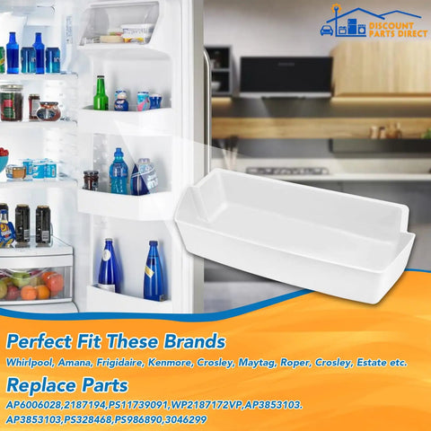 Door Shelf Bin Replacement For Refrigerator Door Shelf Fits Frigidaire Whirlpool Kenmore Amana Roper Estate Models 2187172 WP2187172 AP3853103 PS986890 placed on open refrigerator door.