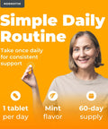 Woman holding a 5 Mg Lithium Supplement Tablet For Calm Focus And Mood Support No Drowsy Stay Chill Brain Clarity Memory Boost