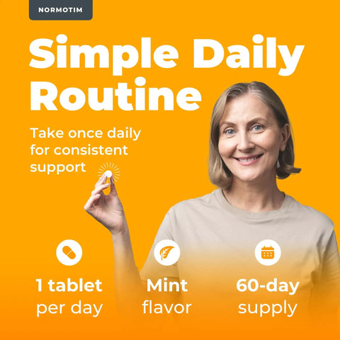 Woman holding a 5 Mg Lithium Supplement Tablet For Calm Focus And Mood Support No Drowsy Stay Chill Brain Clarity Memory Boost