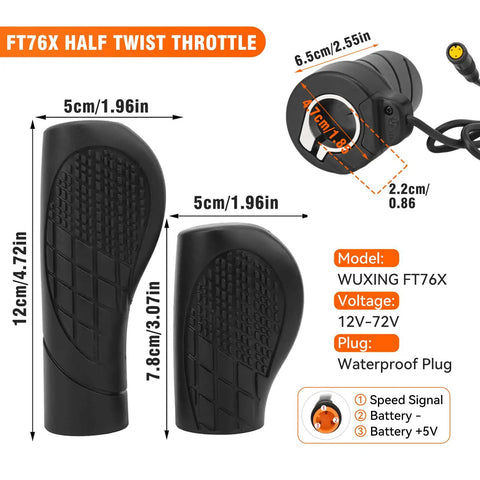 Half Twist Ebike Throttle Right Handle With Waterproof Plug For MTB Conversion Kit, Thumb Throttle Controller For 12V-72V E-Bikes, dimensions and plug details visible in image