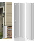 Straight Up Heavy Duty 2 Pack Stainless Steel Corner Guards For Vinyl Siding And Exterior Walls 3 3/8 Inch By 3 3/8 By 15 3/4 Size With 89 Degree Angle For Killer Weed Wacker Protection shown installed near door.