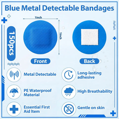 Image showing Blue Metal Detectable Bandages For Food Service, 150 Count Waterproof Adhesive Patches With Nonstick Pad, Latex Free