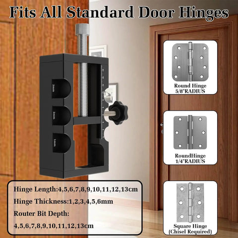 Versatile Aluminum Door Hinge Mortise Jig for Quick and Precise Hinge Installation showing different hinge sizes and radii