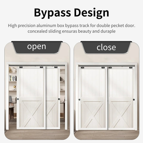 Ceiling Mount Bypass Sliding Door Hardware Rail Kit 48 Inch In Black Aluminum For Wood Doors, shown in open and closed position.