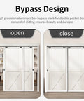 72 Inch Ceiling Mount Bypass Sliding Door Hardware Rail Kit Black Aluminum Alloy For Wood Doors Easy Do It Yourself Installation With Durable Rail System Suitable For Various Wood Door Styles No Door Included shown in open and closed positions