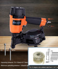 Pro Grade 15 Degree Roofing Nailer Fires Wire Collated Nails 3/4 To 1 3/4 Inches with orange body and steel base on wooden table.