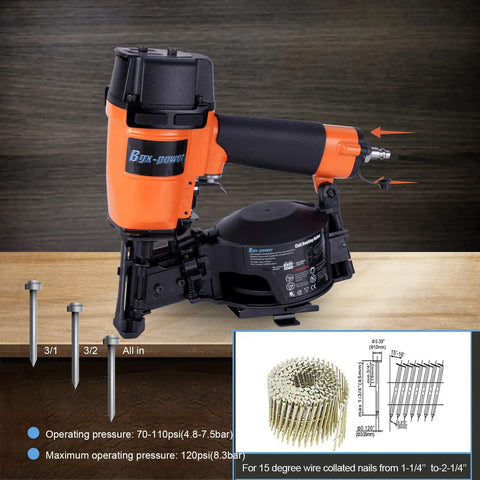 Pro Grade 15 Degree Roofing Nailer Fires Wire Collated Nails 3/4 To 1 3/4 Inches with orange body and steel base on wooden table.