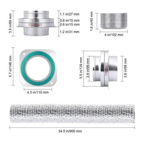 DV180 magnetic dryer vent coupling kit with teal gasket, square flange, metal connector, and 3 ft 4 in duct with clamps.