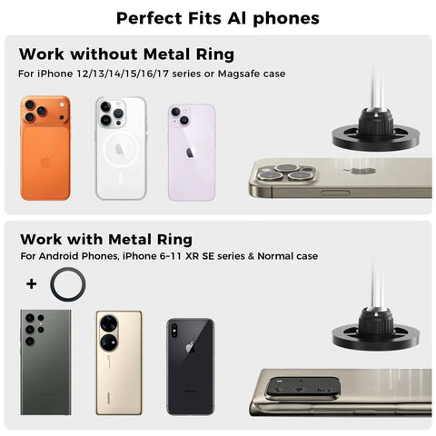 Comparison of iPhone models and Android phones compatible with One Second Magnetic Bedside Phone Holder With Adjustable Arm.