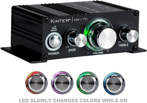 Black 12V 2 Channel Mini Digital Car Audio Power Amplifier with RCA MP3 input and LED volume knob, red edition.