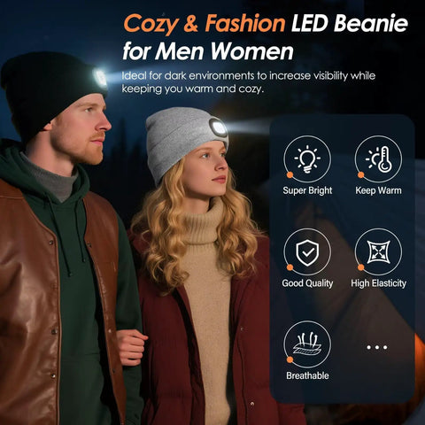 Couple outdoors wearing LED Beanie With Built-In USB Rechargeable Light For Men And Women, Unisex Winter Hat Headlamp Cap