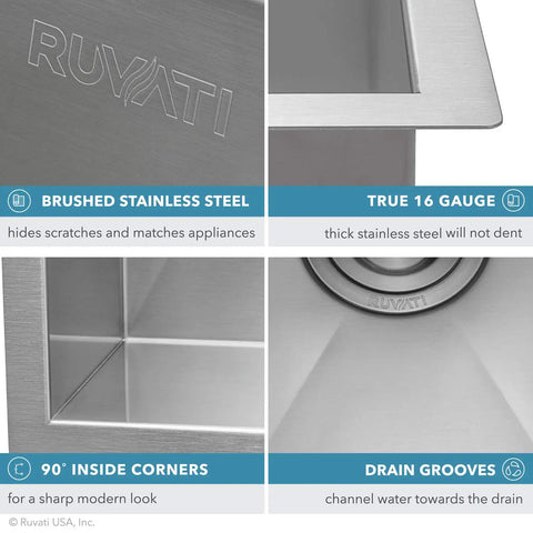 Close-up of 13 By 15 Inch Undermount Bar Prep Kitchen Sink Single Bowl 16 Gauge Stainless Steel Zero Radius Brushed Finish features.