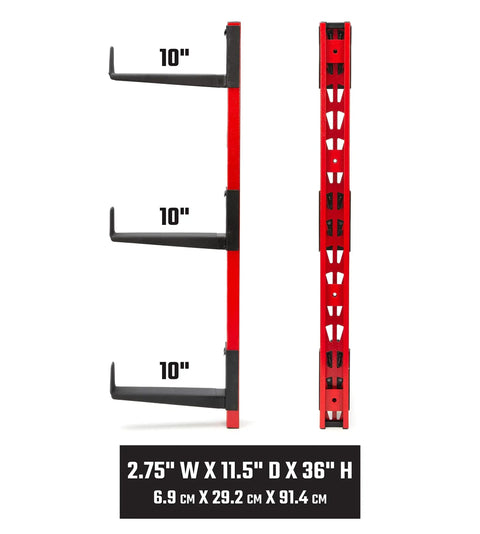 Beefy Six Arm Cantilever Wall Mount Rack For Wood, Lumber Or Pipe Storage, profile view showing three 10-inch arms