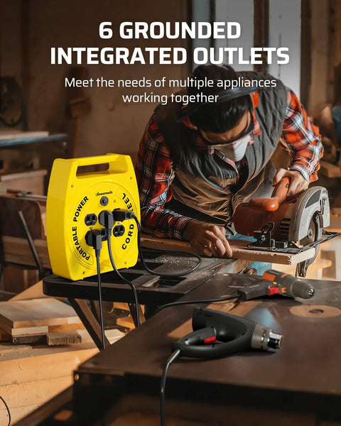 Man using saw beside 30 Ft Retractable Extension Cord Reel With 4 Grounded Outlets, 13 Amp Circuit Breaker in workshop