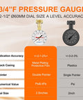 Front view of water pressure gauges: white-faced 2.5" dial with brass stem (3/4" female) and a black gauge beside it.